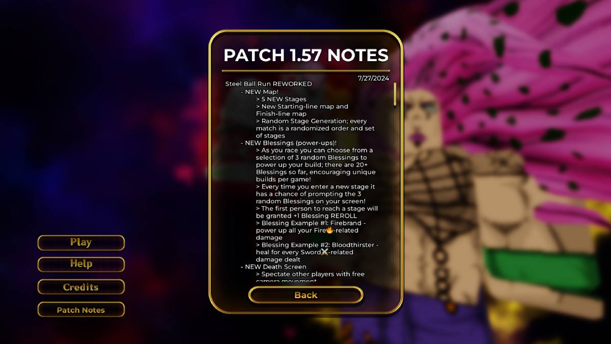 Lista de notas do patch 1.57 da sua Bizzare Adventure