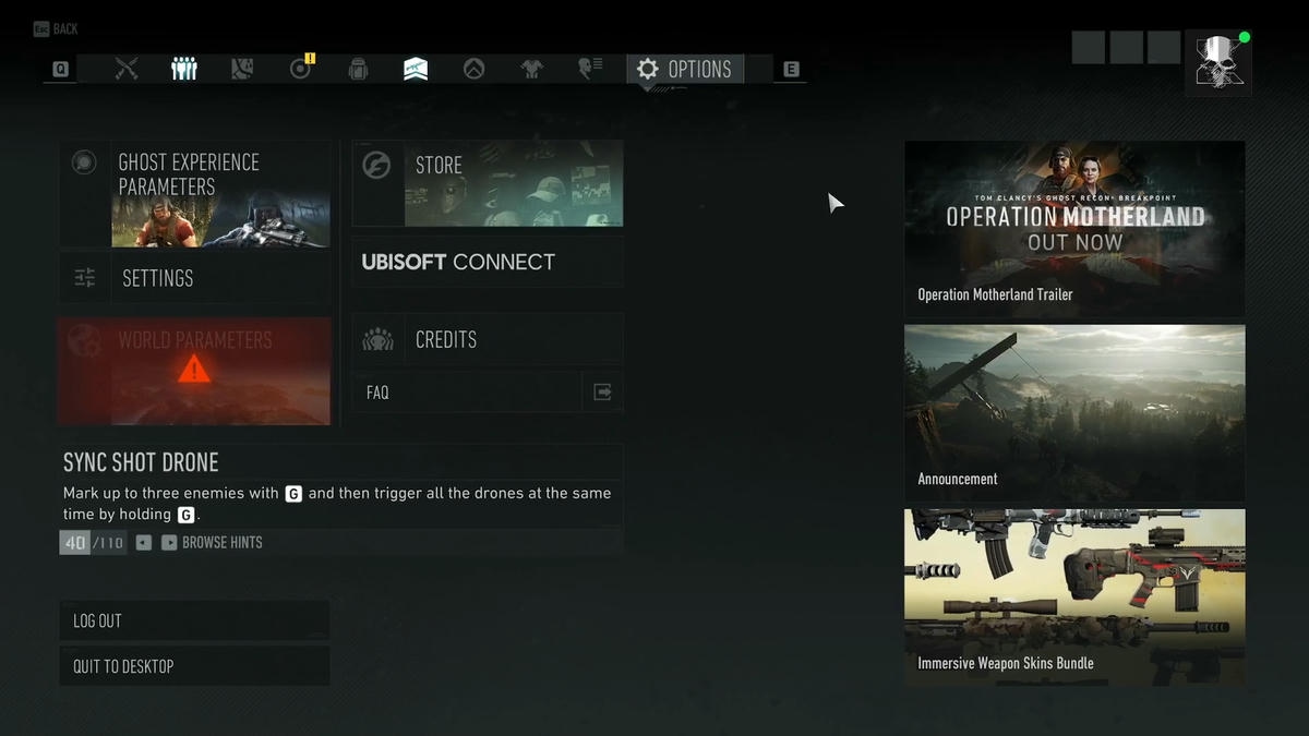 Tela do menu principal do Ghost Recon Breakpoint