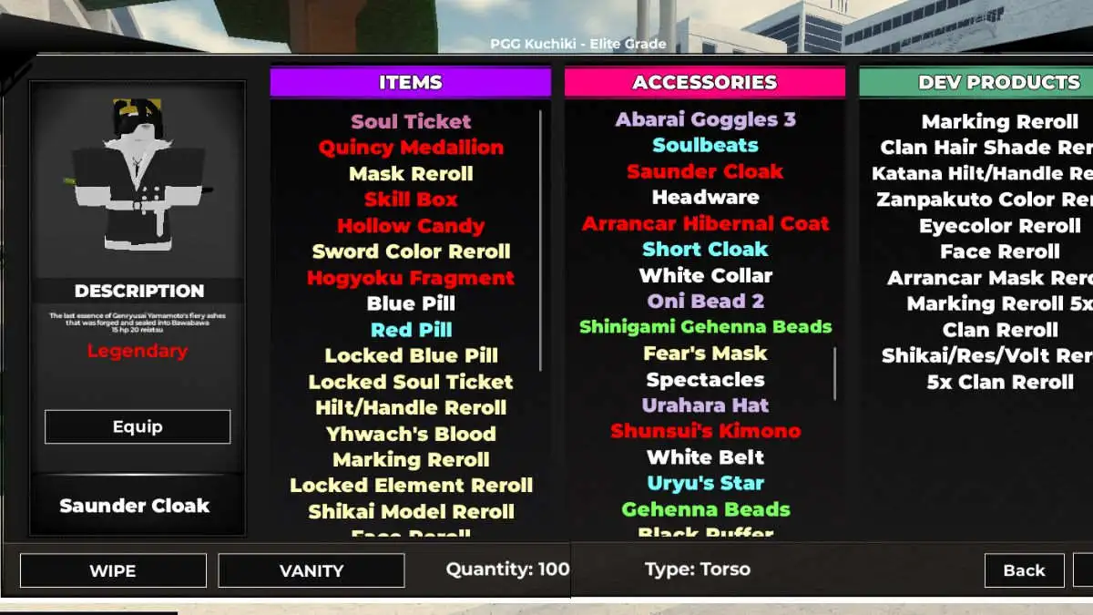 Lista de acessórios em Roblox Type Soul