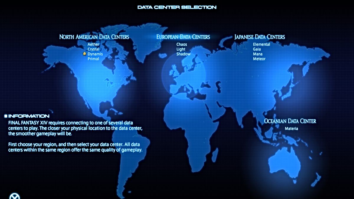 Menu do Data Center em Final Fantasy XIV