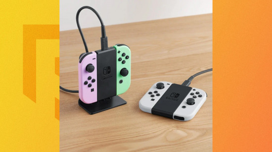 Suporte de carregamento para Joy-Con do Nintendo Switch: uma imagem de dois Joy-Cons carregando usando o suporte de carregamento para Joy-Con do Nintendo Switch.