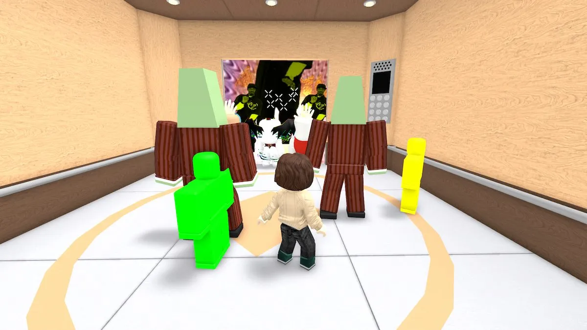 Parado em um elevador assistindo Snoop Dogg em Roblox The Normal Elevator.