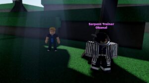 Roblox Weak Legacy 2 Blonde Avatar Standing Next To Serpent Trainer Obanai Wearing Black White Clothes In A Forest