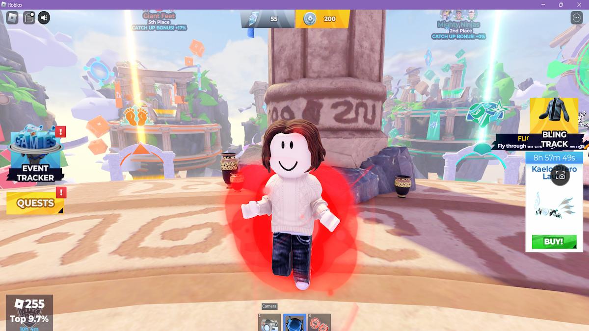 Avatar flutuando usando aura da equipe vermelha do Roblox The Games 2024.