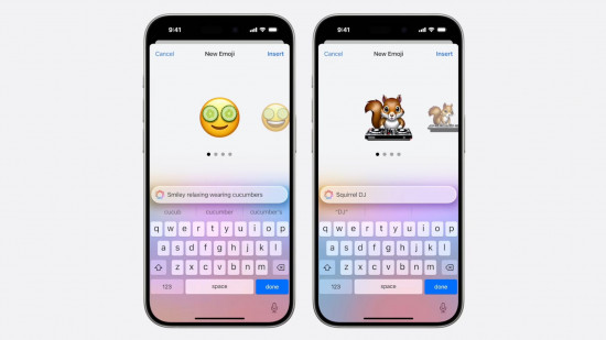 Imagem para iPhone 16 cinco coisas que queremos ver recurso mostrando Apple Intelligence AI genmoji de um esquilo DJ e rosto com pepino nos olhos