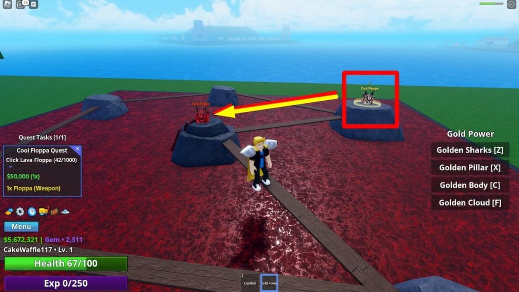 Roblox Meme Sea Cool Floppa NPC Localização Em Boulder Cercado Por Lava