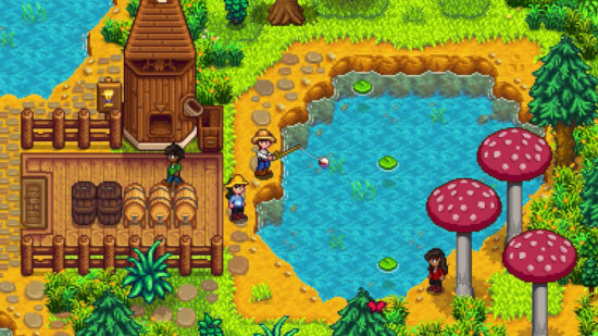 Melhores jogos para casais - uma captura de tela de pessoas pescando perto de um prédio em Stardew Valley