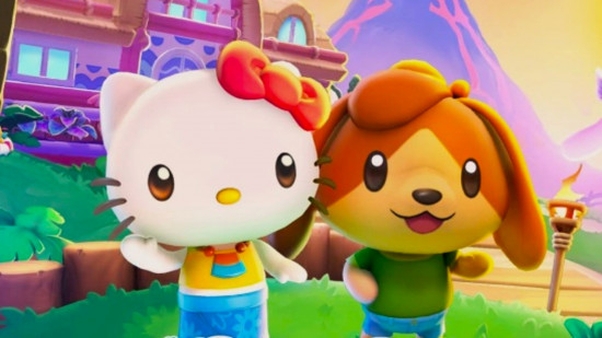 Melhores jogos para casais - Arte-chave da Hello Kitty mostrando um gato e um cachorro parados um ao lado do outro acenando