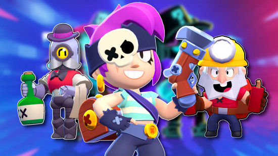 Brawlers do Brawl Stars: Três lutadores de artilharia contornados em branco e colados em um fundo desfocado do Brawl Stars