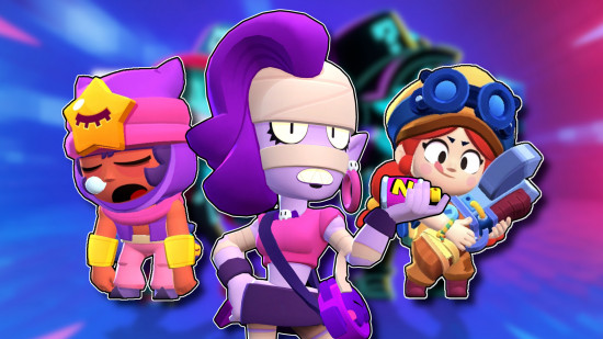 Brawlers do Brawl Stars: Três brawlers controladores contornados em branco e colados em um fundo desfocado do Brawl Stars