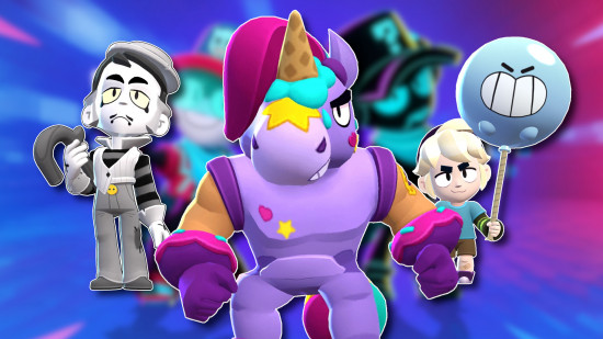 Brawlers do Brawl Stars: Três brawlers de suporte contornados em branco e colados em um fundo desfocado do Brawl Stars