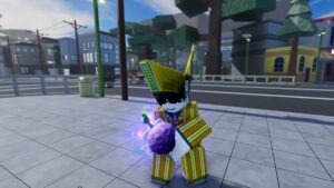 Roblox Aut Gomu Devil Fruit A Purple Fruit With Green Stalk Being Held By Yellow Avatar