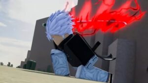 Roblox Aut White Haired Avatar Holding Sword Enveloped In Red Flames