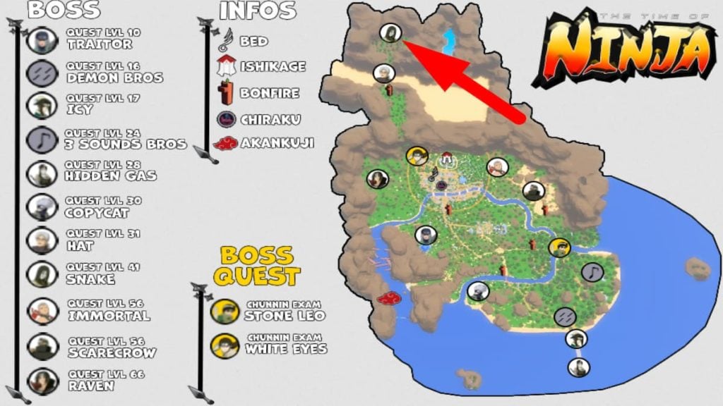 Mapa de localização do chefe Roblox The Time Of Ninja Snake