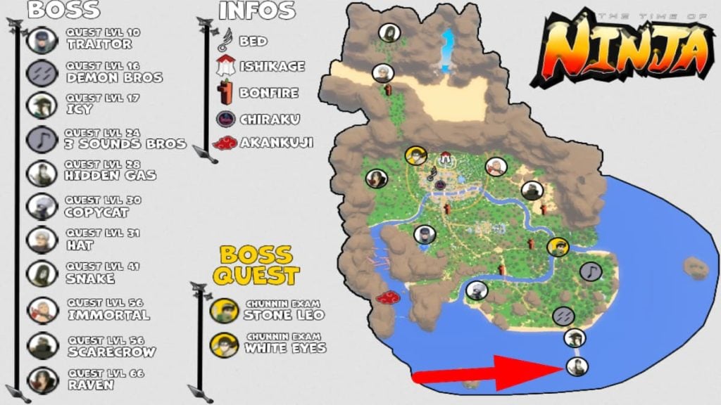 Roblox The Time Of Ninja Mapa de localização do chefe demoníaco de gás oculto