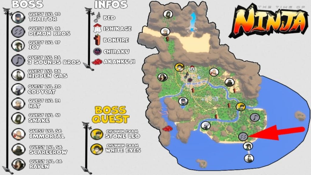 Roblox The Time Of Ninja 3 Mapa de localização do chefe ninja do Sound Bros