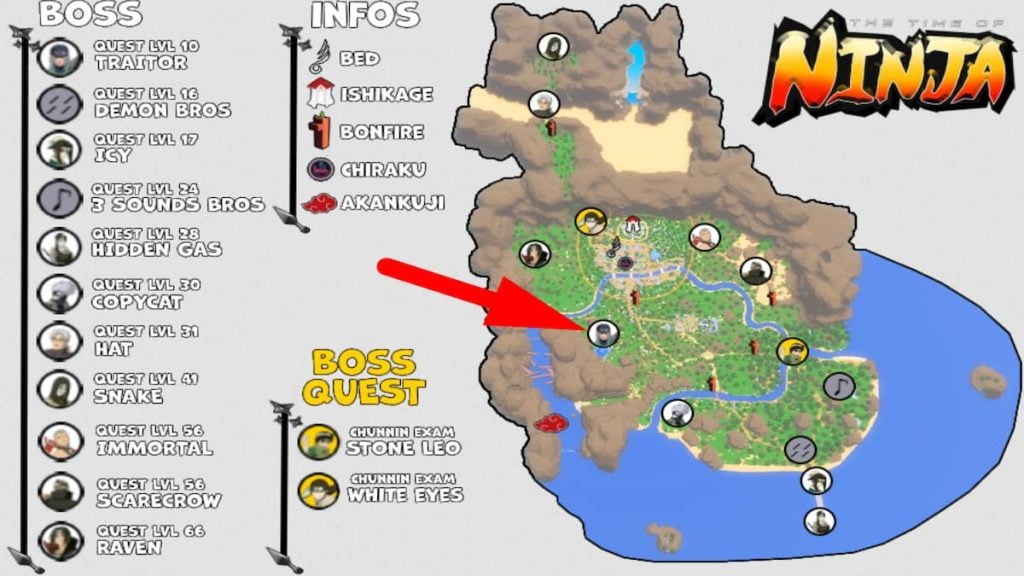 Mapa de localização do chefe traidor do Roblox The Time Of Ninja