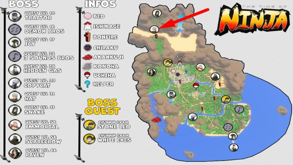 Mapa de localização do chefe do chapéu ninja do Roblox The Time Of