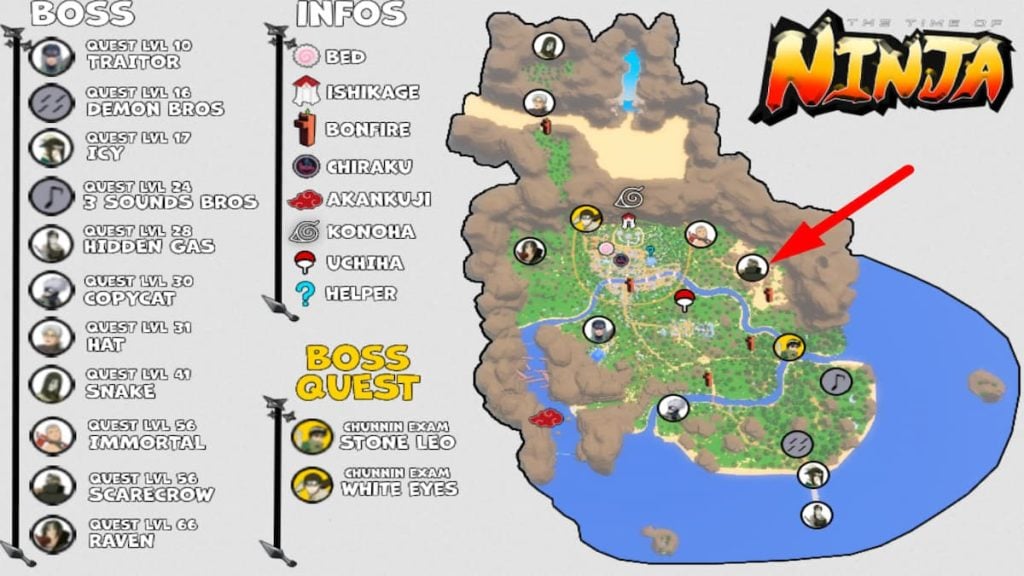 Mapa de localização do chefe do Roblox The Time Of Ninja Scarecrow