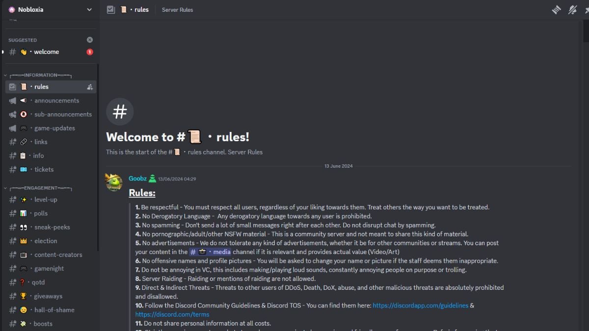 Regras do canal no servidor Nobloxia Discord