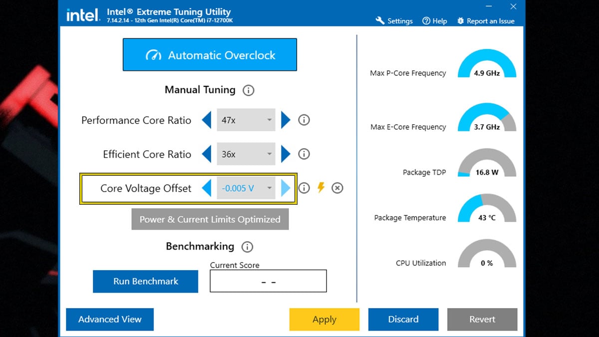 Opção de underclock de CPU do aplicativo Intel XTU