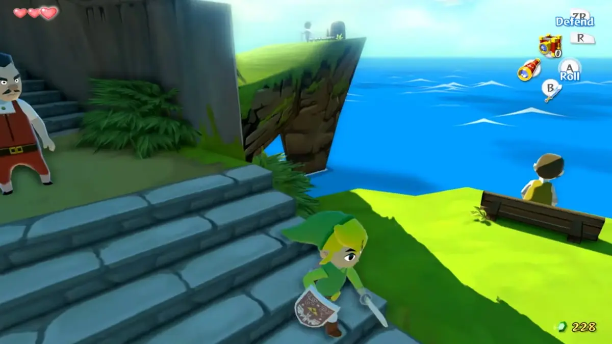 Correndo pela Ilha Windfall como Link em The Legend of Zelda Wind Waker