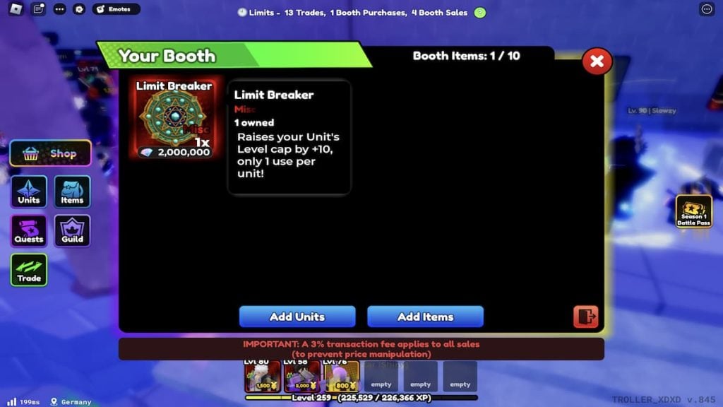 Anime Defenders Limit Breaker Trading