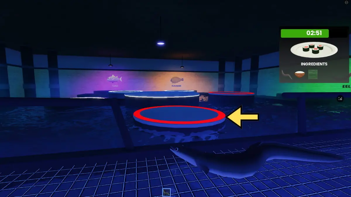 Uma plataforma vermelha afundando na sala da Fazenda de Peixes do Roblox Scary Sushi