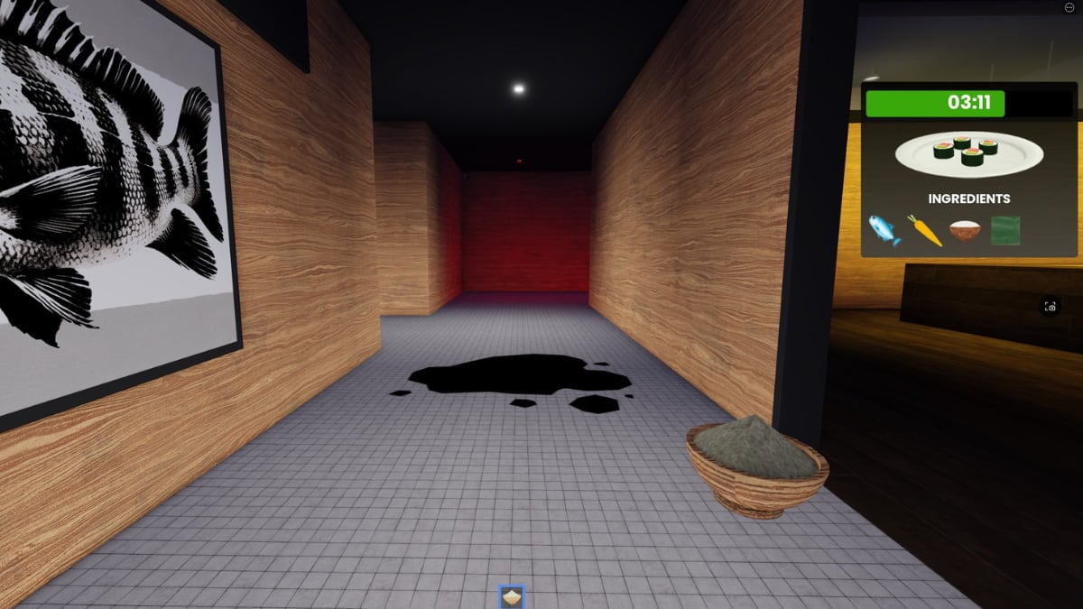 Uma poça preta no chão do corredor do Roblox Scary Sushi