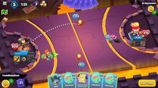 Captura de tela da página do Bloons Card Storm no Steam com uma configuração inicial do jogo com alguns bloons e macacos