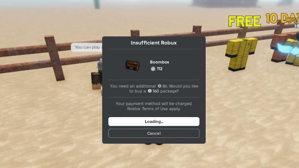 Um menu no jogo Roblox