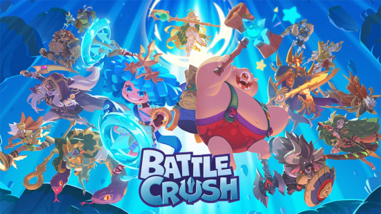 Entrevista do Battle Crush: Arte-chave para o show do Battle Crush sobre personagens pulando e correndo para frente em frente a um fundo azul