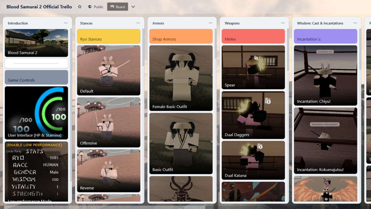 Cartões Trello de Blood Samurai 2