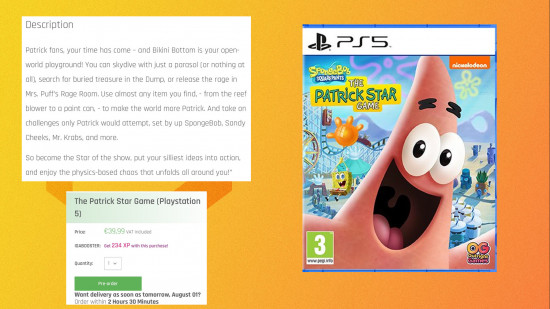 Novo jogo do Bob Esponja: Uma imagem da capa do jogo Bob Esponja: The Patrick Star.