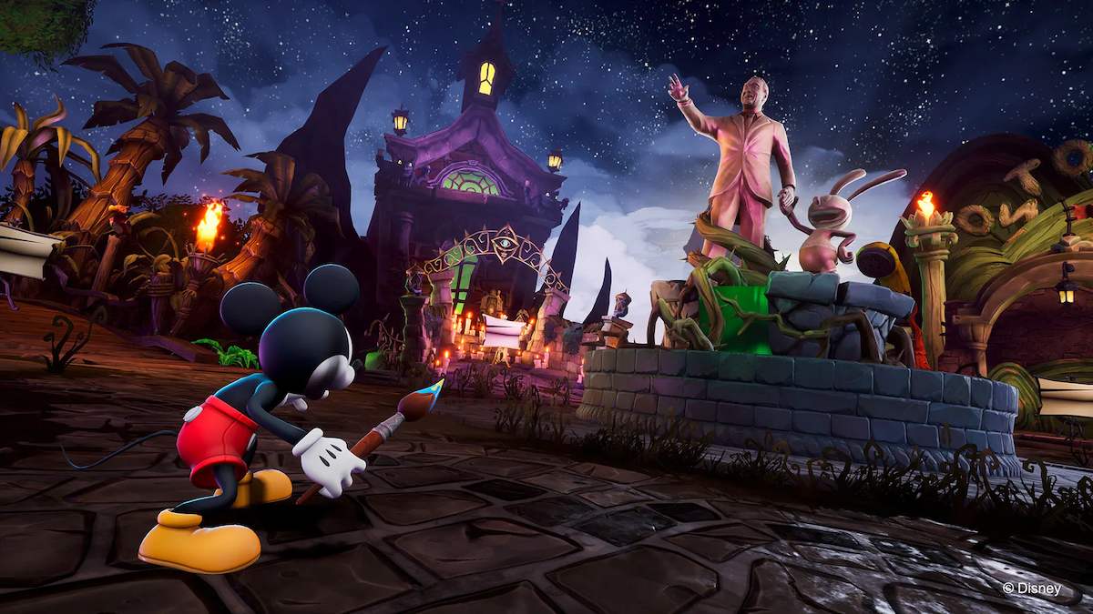 Mickey em pé perto de uma estátua de Walt Disney e Oswald, o coelho, envolto em trepadeiras em Disney Epic Mickey: Rebrushed.