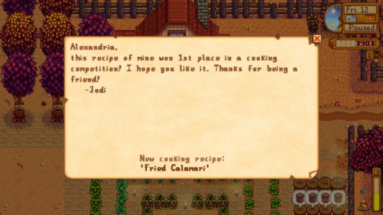 O bilhete que Jodi, de Stardew Valley, deixa para você junto com uma receita durante um de seus eventos cardíacos