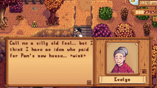 tela de conversa de stardew valley evelyn falando sobre pagar pela nova casa de pam