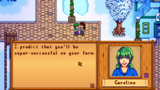 stardew valley caroline interagindo com o jogador para dizer a eles como eles estão se saindo durante a temporada de inverno