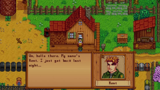 stardew valley kent se apresentando ao jogador após retornar de uma guerra como soldado