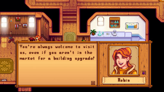 Uma captura de tela mostrando Stardew Valley Robin no balcão de sua casa