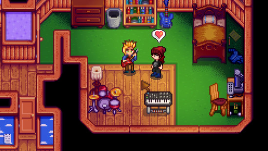 Stardew Valley Sam tocando violão em seu quarto com um personagem do jogador