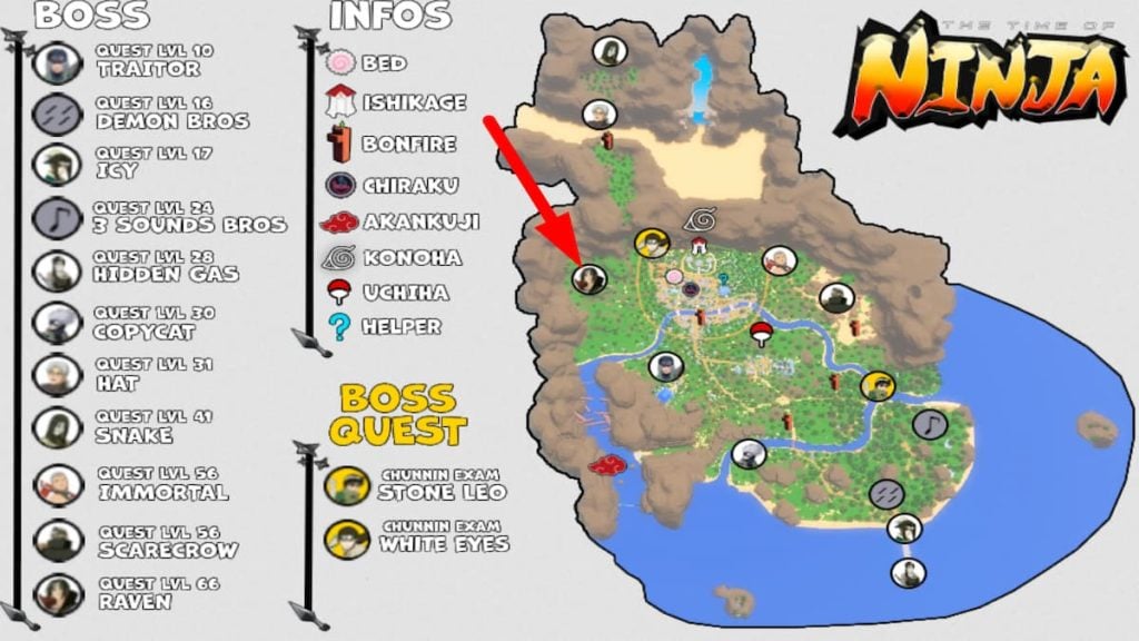 Mapa de localização do chefe Roblox The Time Of Ninja Raven