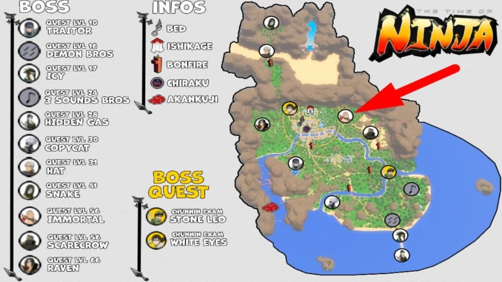 Mapa de localização do chefe Roblox The Time Of Ninja