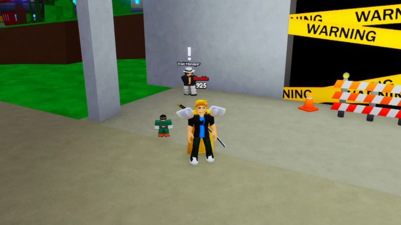 Roblox Anime Simulator Trait Mananger perto de fita de advertência e barricadas