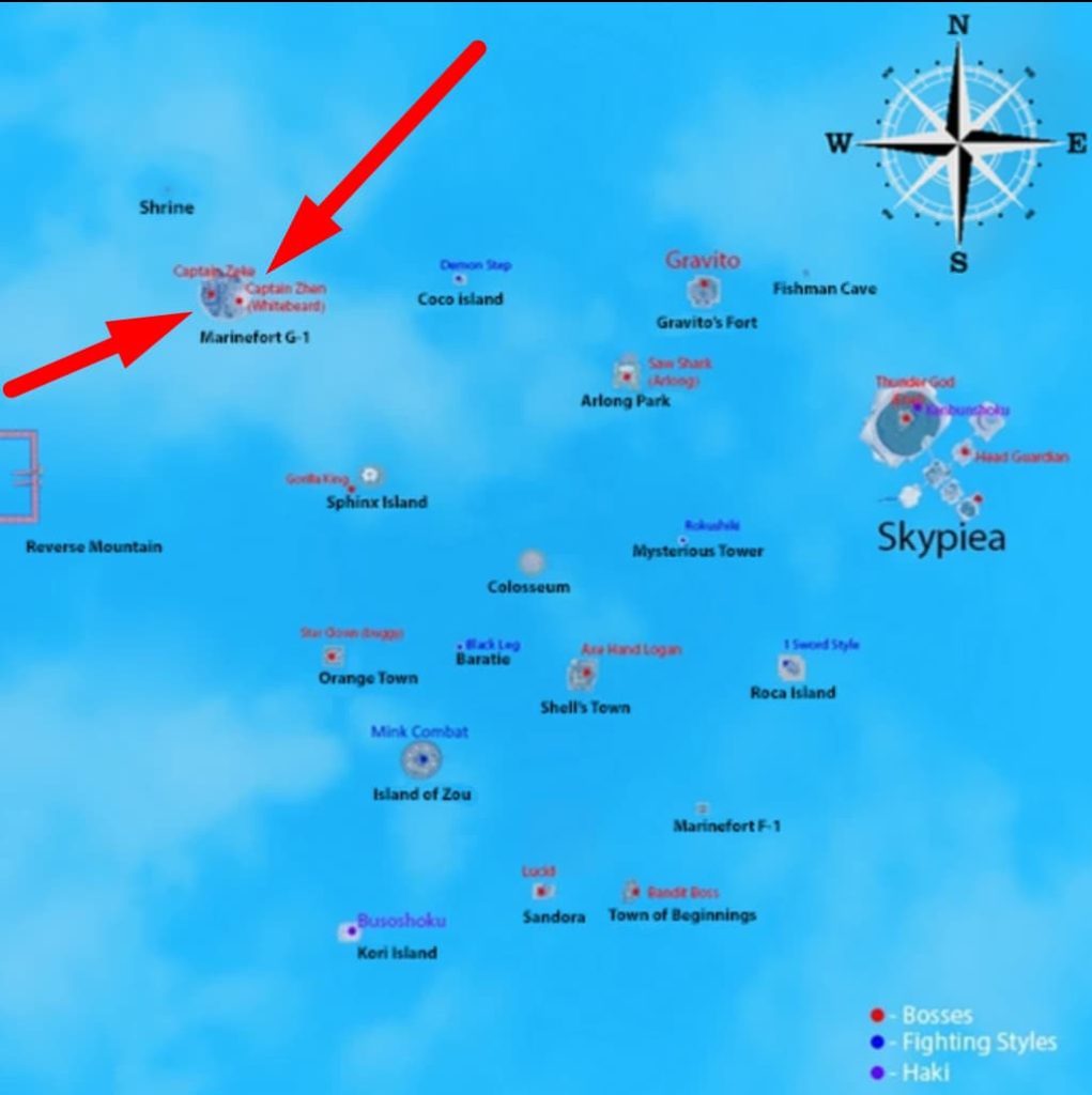 Mapa Roblox GPO Setas vermelhas apontando para Marinefort G 1