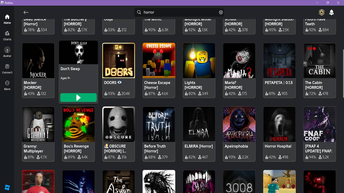 Procurar "horror" no Roblox.