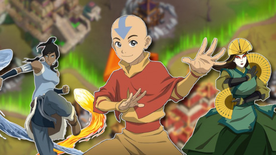 novos jogos para celular: Aang no centro ladeado por Korra e Kyoshi, todos contornados em branco e colados em uma captura de tela desfocada do jogo