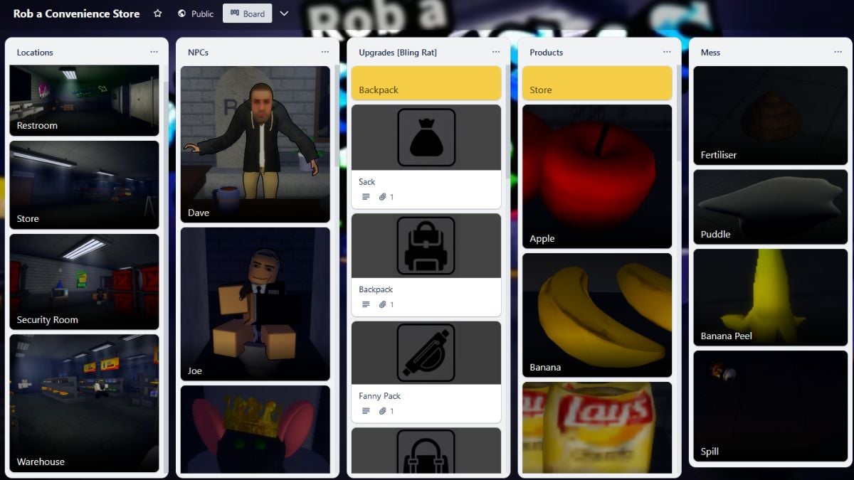 Rob um simulador de loja de conveniência trello board roblox