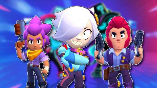 Brawlers do Brawl Stars: Três brawlers de dano contornados em branco e colados em um fundo desfocado do Brawl Stars