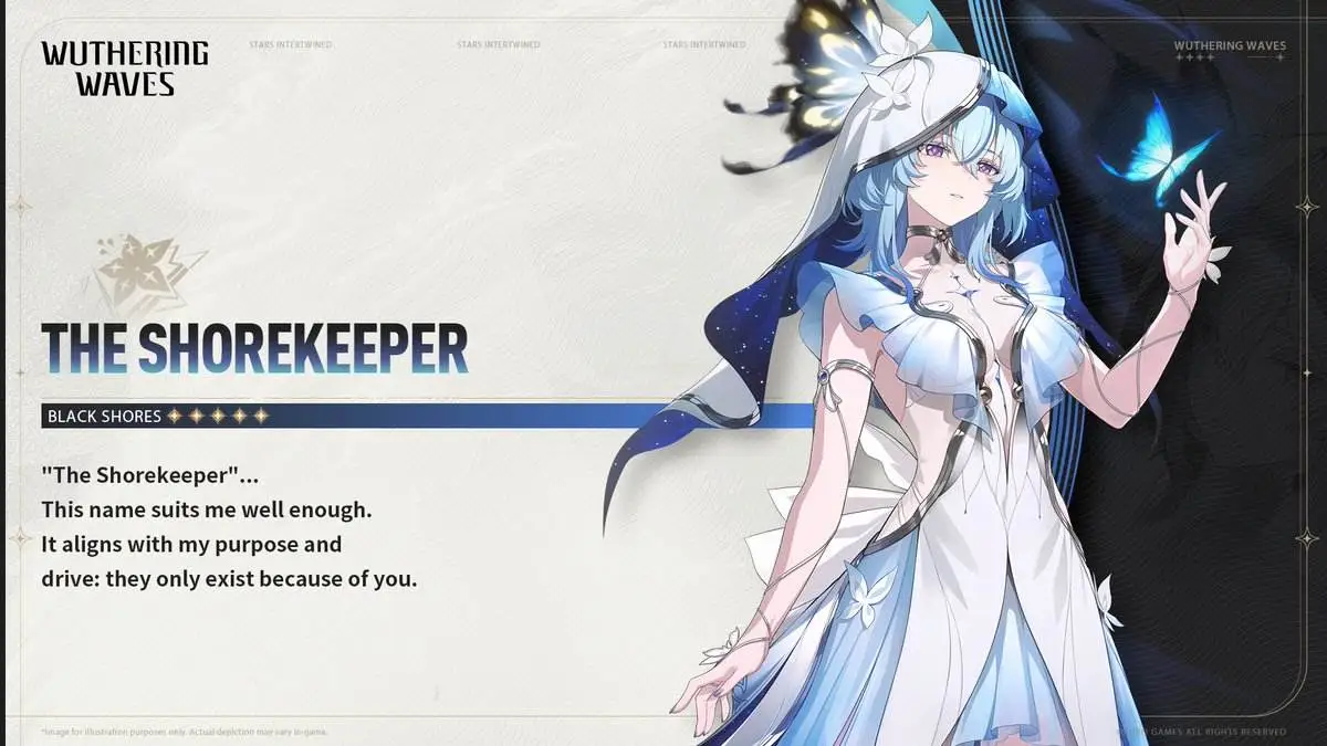 A Shorekeeper, uma mulher de vestido branco com uma borboleta azul no dedo. Esta é uma personagem para Wuthering Waves 1.3.